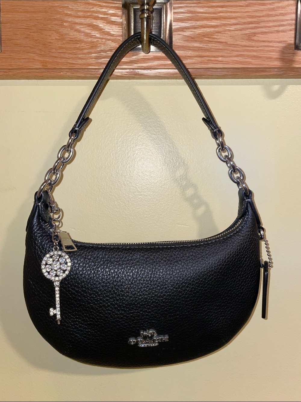 Coach Black Pebbled Leather Mini Payton Shoulder Bag with Crystal Key Charm
